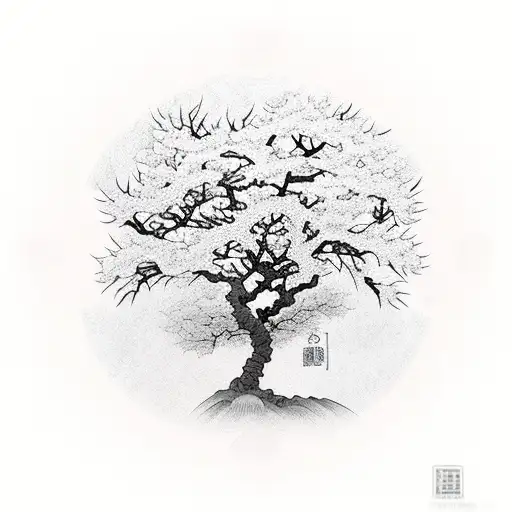 A realistic depiction of a sakura blossom tree with a hidden fox silhouette tattoo design idea