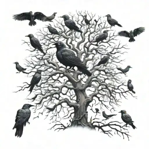 large dead sicamore tree covered in crows with a little boy crying beneath it tattoo design idea