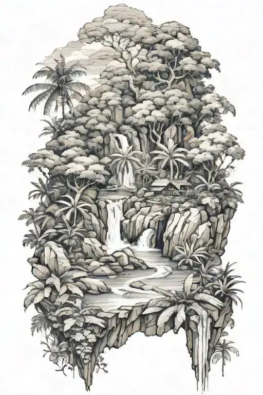 Lower Arm (Wrist to Elbow):  Jungle and River: Start with a detailed, fine line depiction of a mountainous jungle with a tattoo design idea