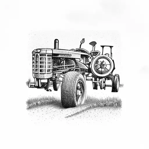 A farmer plowing a field with a vintage tractor tattoo design idea