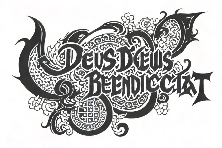 "Deus  Benedicat" phrase in Gothic Letters tattoo design idea