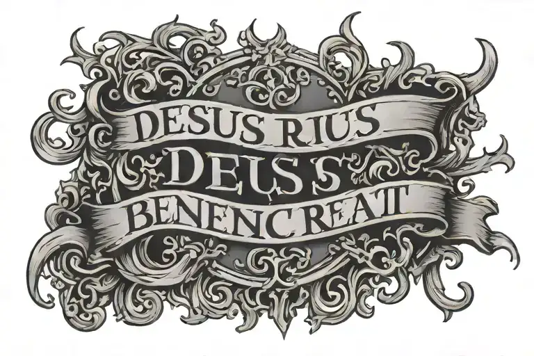 "Deus  Benedicat" phrase in Gothic Letters tattoo design idea