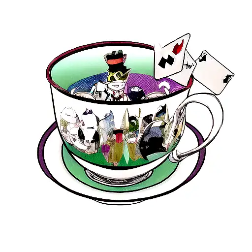 the cat's head from Alice in Wonderland using the Mad Hatter's hat with cups, cards and other elements from the story ar tattoo design idea