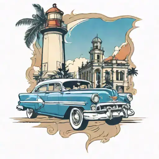 Cuban flag on the background, the lighthouse, capitolio, malecon, Chevrolet 56, cohiba cigar tattoo design idea