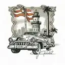 Cuban flag on the background, the lighthouse, capitolio, malecon, Chevrolet 56, cohiba cigar tattoo design idea