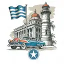 Cuban flag on the background, the lighthouse, capitolio, malecon, Chevrolet 56, cohiba cigar tattoo design idea
