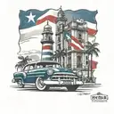 Cuban flag on the background, the lighthouse, capitolio, malecon, Chevrolet 56, cohiba cigar tattoo design idea
