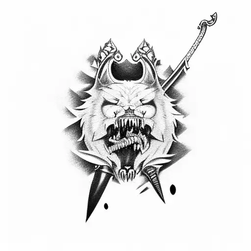 A fierce animal holding a sword in its mouth tattoo design idea
