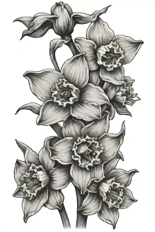daffodil, forget me not, sesame seed stem growing tattoo design idea