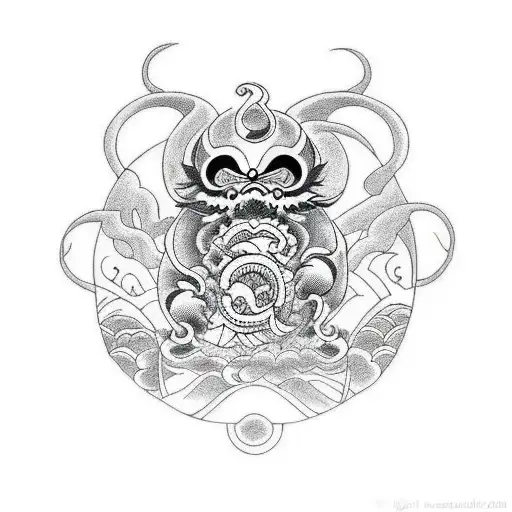 A blackwork tattoo of a yokai representing death and love in a Japanese anime style tattoo design idea