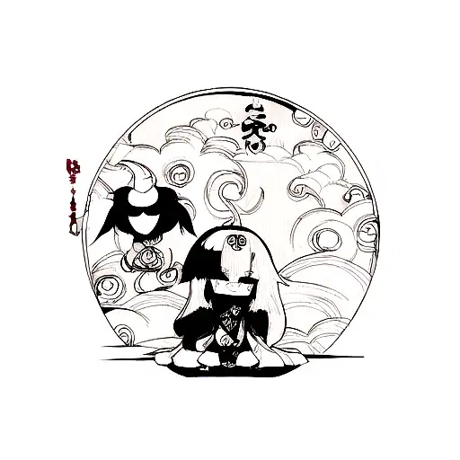A blackwork tattoo of a yokai representing death and love in a Japanese anime style tattoo design idea