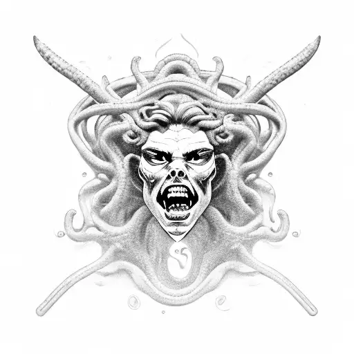 cut in half Poseidon head with sea life swimming in between tattoo design idea