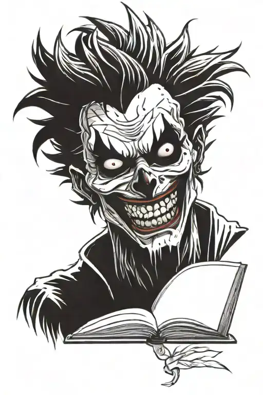 shinigami ryuk easy tattoo design featuring his face and the notebook tattoo design idea