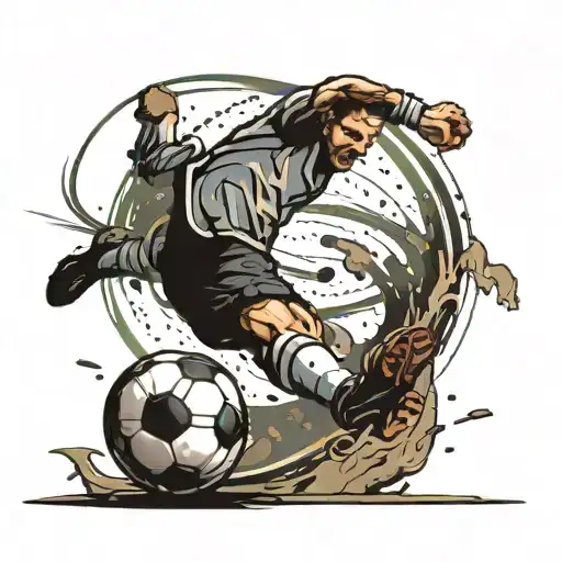 A dynamic composition of a soccer player executing a bicycle kick in mid-air, with a dramatic sense of movement tattoo design idea