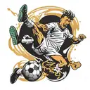A dynamic composition of a soccer player executing a bicycle kick in mid-air, with a dramatic sense of movement tattoo design idea