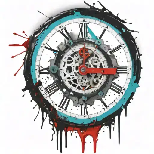 black and white clock with mechanism and teal stripe tattoo design idea