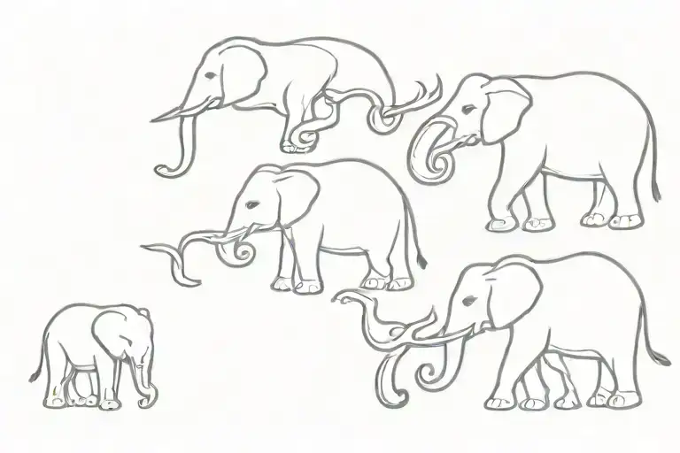 5 elephants in a line with their trunks up and the first and third elephant have angel wings tattoo design idea