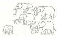 5 elephants in a line with their trunks up and the first and third elephant have angel wings tattoo design idea