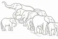 5 elephants in a line with their trunks up and the first and third elephant have angel wings tattoo design idea