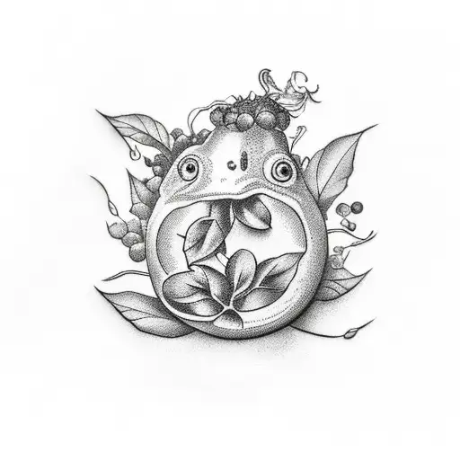 colorful mandragora with sorrel on top of it and one grape hanging out of it tattoo design idea
