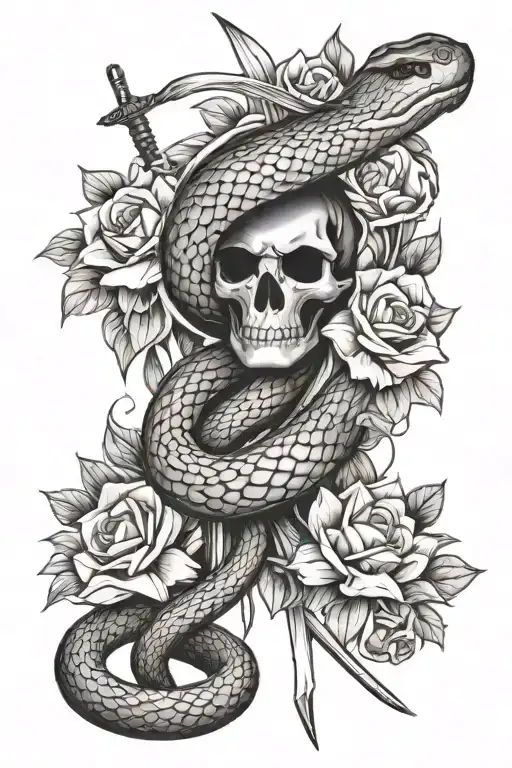 snake, sword, flowers tattoo design idea