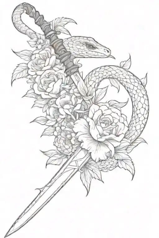 snake, sword, flowers tattoo design idea