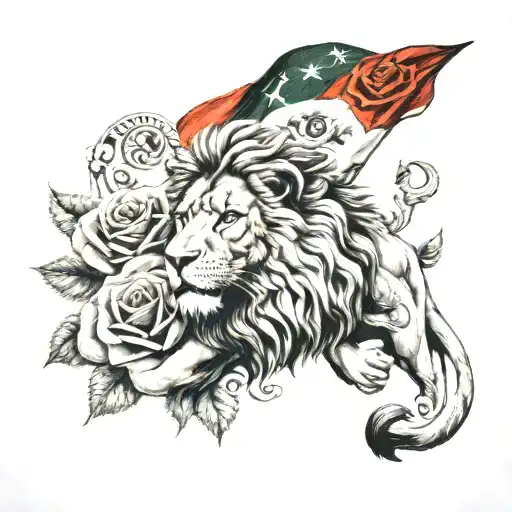 Lion and roses and Isaiah 54:17 and Mexican flag tattoo design idea
