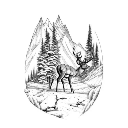 mountain with deer and chamoise and hunting rifle and a lotnof trees tattoo design idea