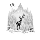 mountain with deer and chamoise and hunting rifle and a lotnof trees tattoo design idea