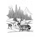 mountain with deer and chamoise and hunting rifle and a lotnof trees tattoo design idea