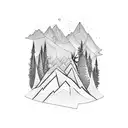 mountain with deer and chamoise and hunting rifle and a lotnof trees tattoo design idea