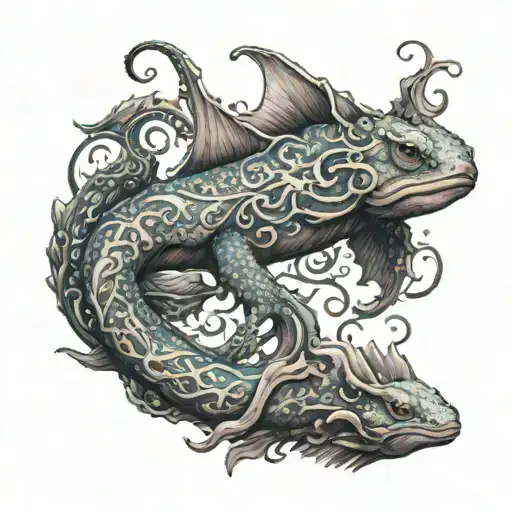 A tattoo of an axolotl and octopus surrounded by swirling patterns inspired by the movement of the sky tattoo design idea