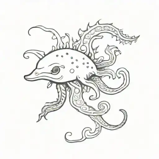 A tattoo of an axolotl and octopus surrounded by swirling patterns inspired by the movement of the sky tattoo design idea