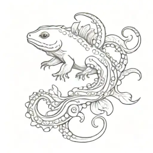 Antattoo of an axolotl and octopus surrounded by swirling patterns inspired by the movement of the sky tattoo design idea