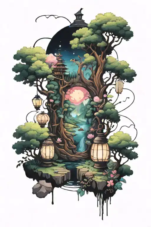 whimiscal sleeve of tsubasa reservoir and gravity falls and adventure time in a magical blooming forest with lanterns  tattoo design idea