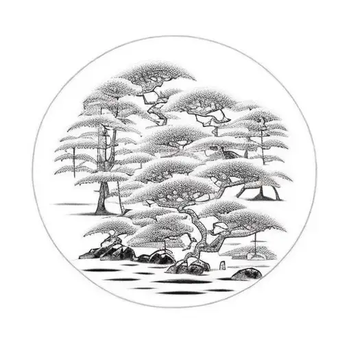 A serene Japanese garden scene with a basketball court hidden amongst the trees tattoo design idea