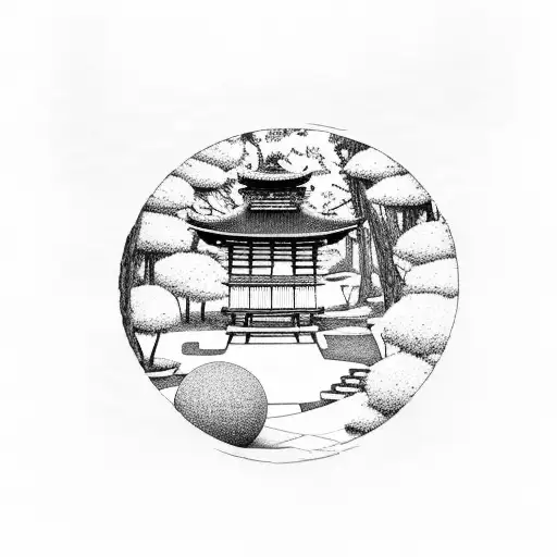 A serene Japanese garden scene with a basketball court hidden amongst the trees tattoo design idea