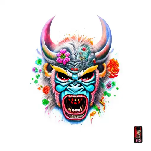 broken oni mask, colorful flowers coming out of the crack tattoo design idea