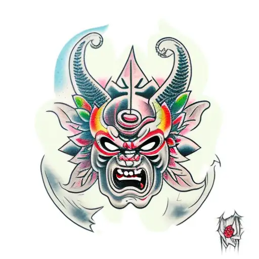 broken oni mask, colorful flowers coming out of the crack tattoo design idea