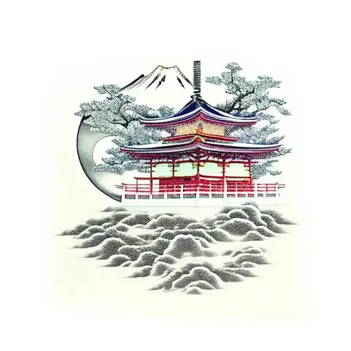 japanese temple with moon and cherry tree tattoo design idea