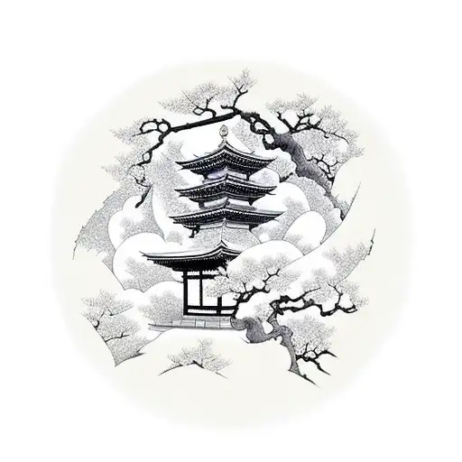 japanese temple with moon and cherry tree tattoo design idea