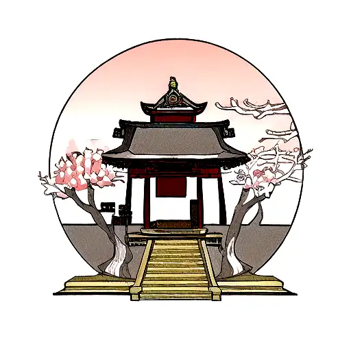 japanese temple with moon and cherry tree tattoo design idea