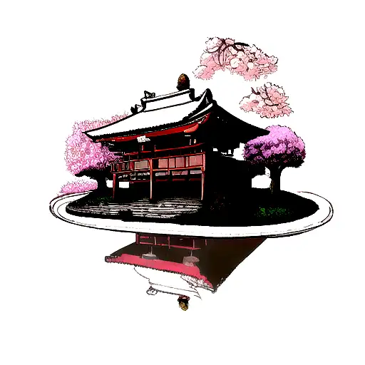 japanese temple with moon and cherry tree tattoo design idea