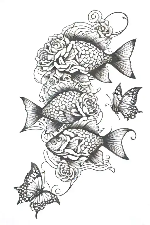 A two fish that swim together with roses and butterflies tattoo design idea