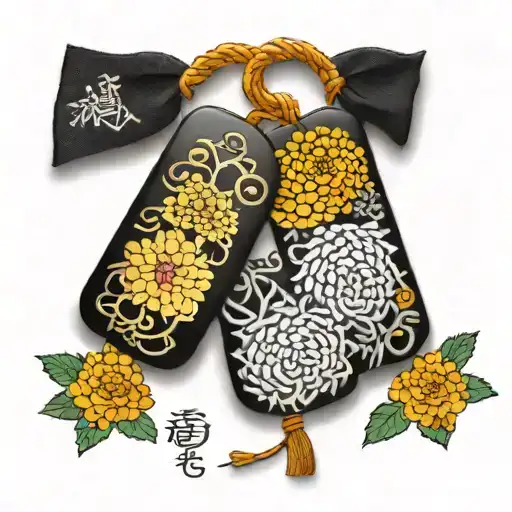 Japanese omamori with chrysanthemum flower inside the amulet tattoo design idea