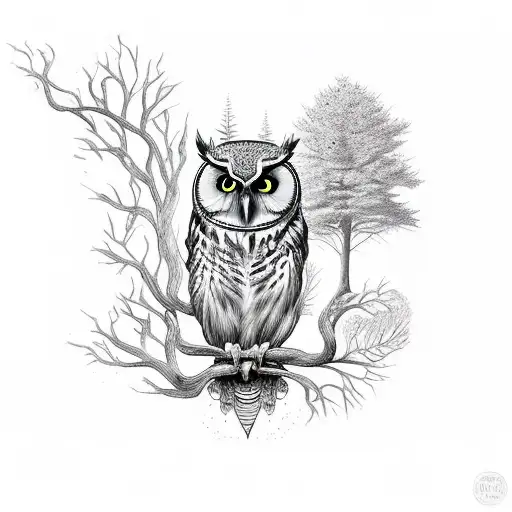 Mystical forest with a wise owl perched on a tree branch tattoo design idea