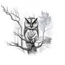 Mystical forest with a wise owl perched on a tree branch tattoo design idea
