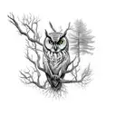 Mystical forest with a wise owl perched on a tree branch tattoo design idea