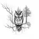 Mystical forest with a wise owl perched on a tree branch tattoo design idea
