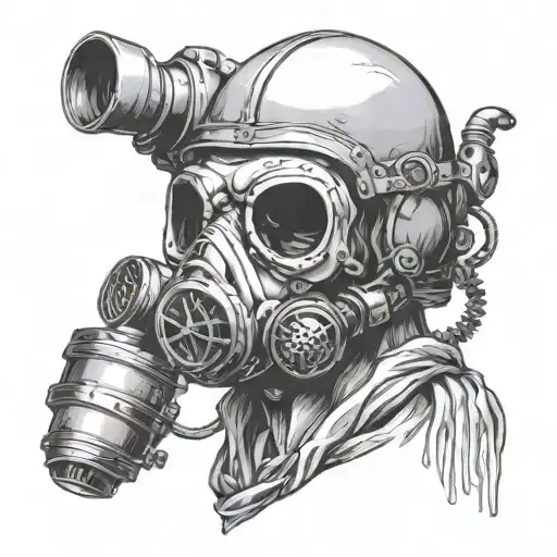 outline, without fill in or shading of a skull wearing a gas mask. important: brain must be sticking out of skull tattoo design idea